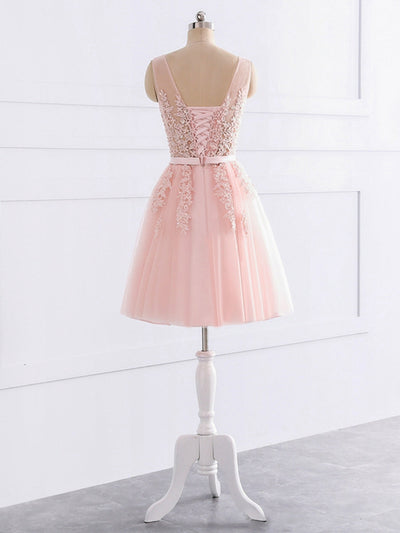 A-Line/Princess V-Neck Sleeveless Tulle With Applique Sequin Short/Mini Bridesmaid Dresses
