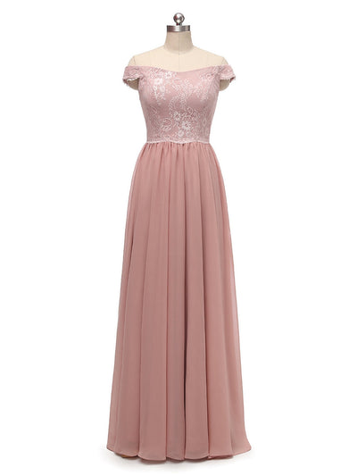 A-Line/Princess Off-the-Shoulder Sleeveless Chiffon With Lace Floor-Length Bridesmaid Dresses