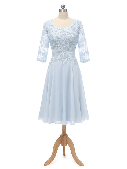 A-Line/Princess Scoop Half Sleeves Chiffon With Pleats Applique Knee-Length Bridesmaid Dresses