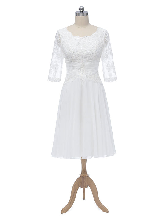 A-Line/Princess Scoop Half Sleeves Chiffon With Pleats Applique Short Wedding Dresses