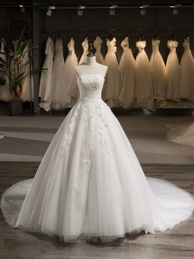 Strapless Sleeveless Tulle Embroidery With Beading Court Train Ball Gown Wedding Dresses