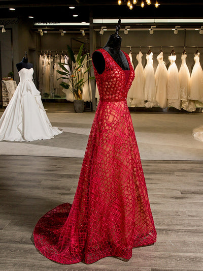 A-Line/Princess V-Neck Sleeveless Rhinestone Backless Red Floor-Length Wedding Dresses