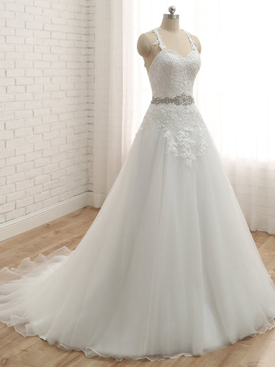 A-Line/Princess Spaghetti Straps Sleeveless Applique With Belt Tulle Floor-Length Wedding Dresses