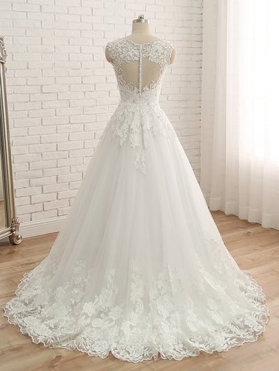 A-Line/Princess V-Neck Sleeveless Applique Tulle Floor-Length Wedding Dresses