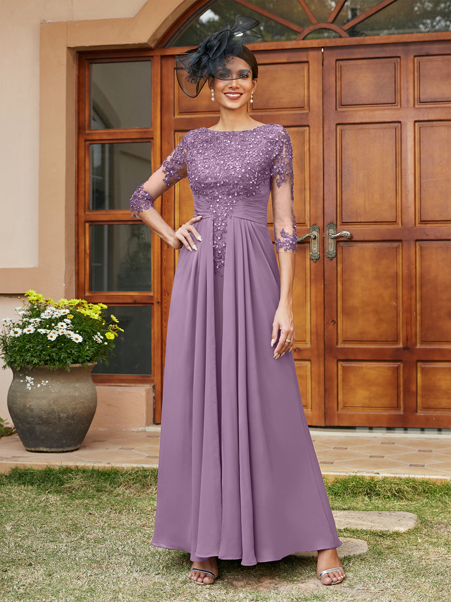 A-Line/Princess Long Evening Dresses with Lace Appliques & Half Sleeves