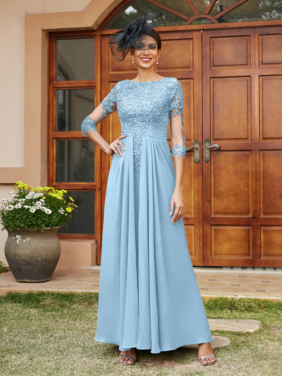 A-Line/Princess Long Evening Dresses with Lace Appliques & Half Sleeves