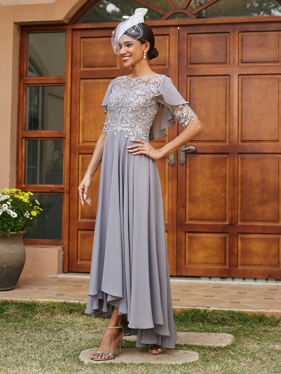A-Line/Princess Sheer Neck Half Sleeves Long Evening Dresses with Appliques
