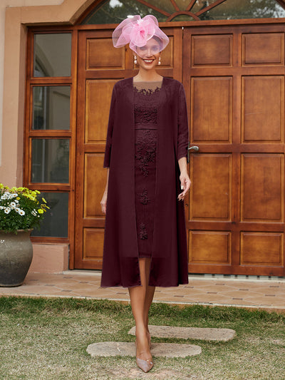 Sheath/Column Sheer Neck 3/4 Sleeves Knee-Length Evening Dresses with Appliques & Jacket