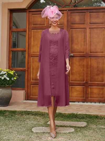Sheath/Column Sheer Neck 3/4 Sleeves Knee-Length Evening Dresses with Appliques & Jacket