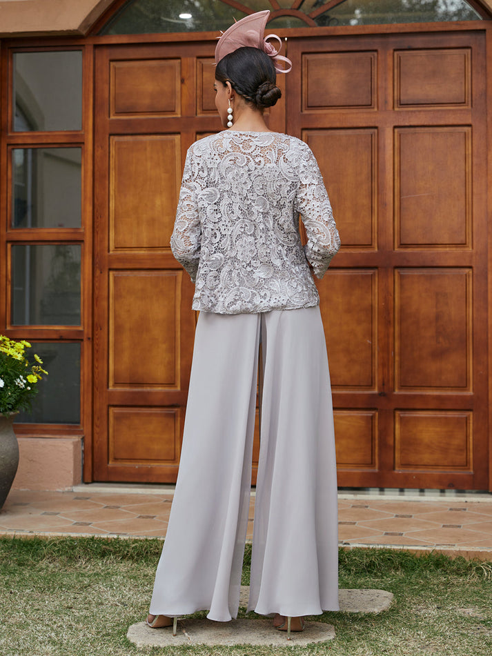 Lace Chiffon Square Neck 3/4 Sleeves 3 Pieces Plus Size Pantsuits with Appliques & Jacket
