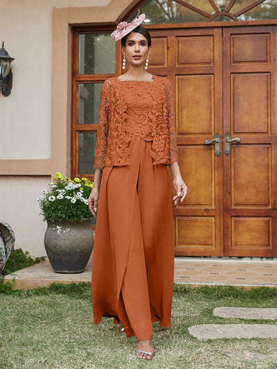Lace Chiffon Square Neck 3/4 Sleeves 3 Pieces Pantsuits with Appliques & Jacket