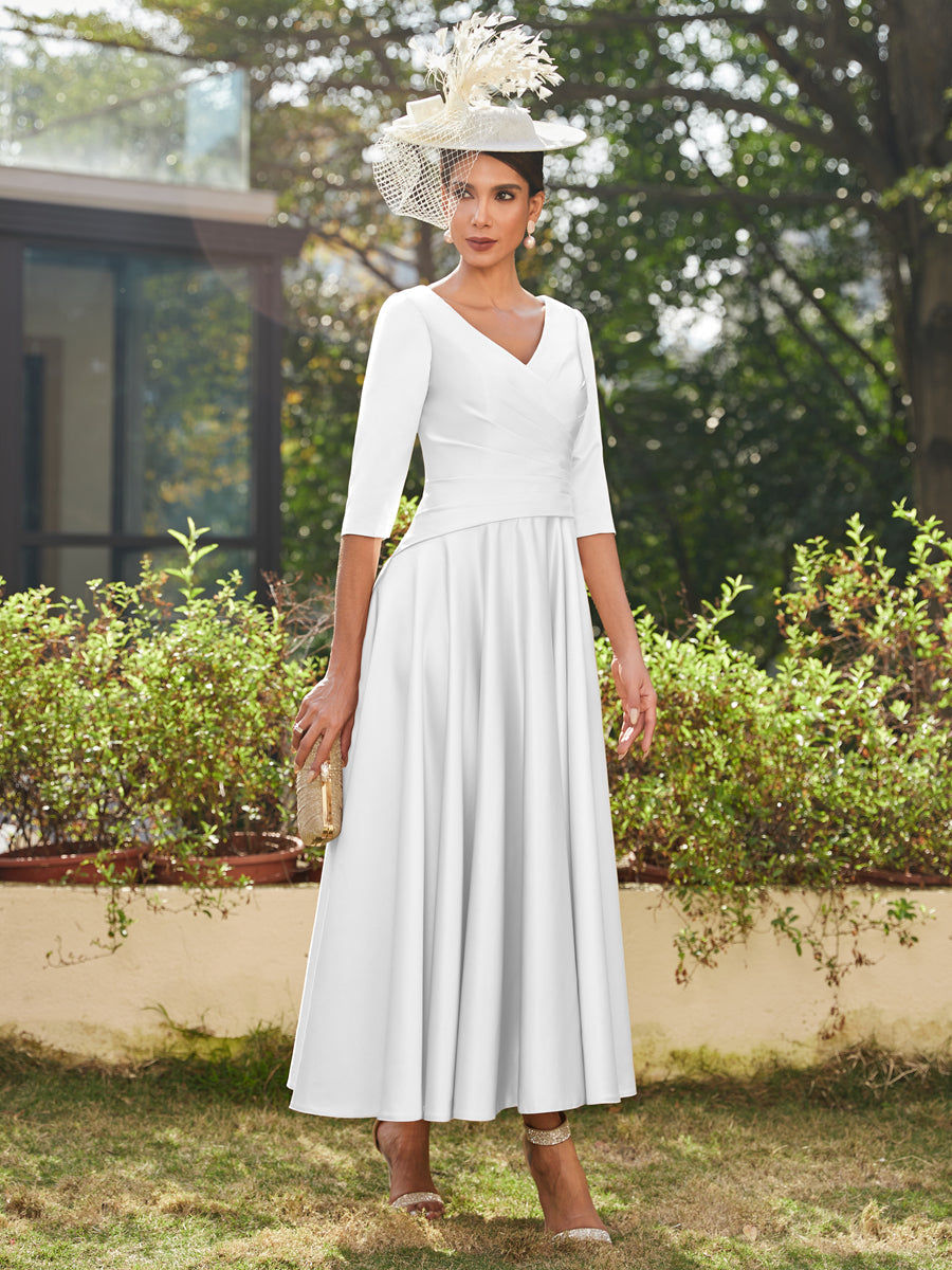 A-Line/Princess V-Neck Half Sleeves Ankle-Length Long Evening Dresses with Ruffles