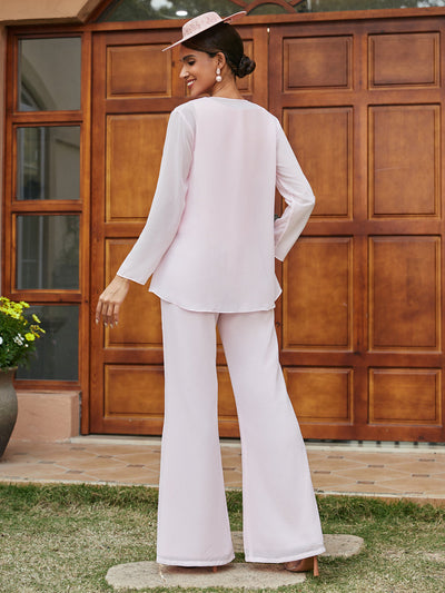 Chiffon Scoop Long Sleeves 3 Pieces Pantsuits with Ruffles & Jacket
