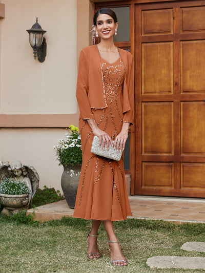 Sheath/Column V-Neck 3/4 Sleeves Long Evening Dresses with Sequins & Jacket
