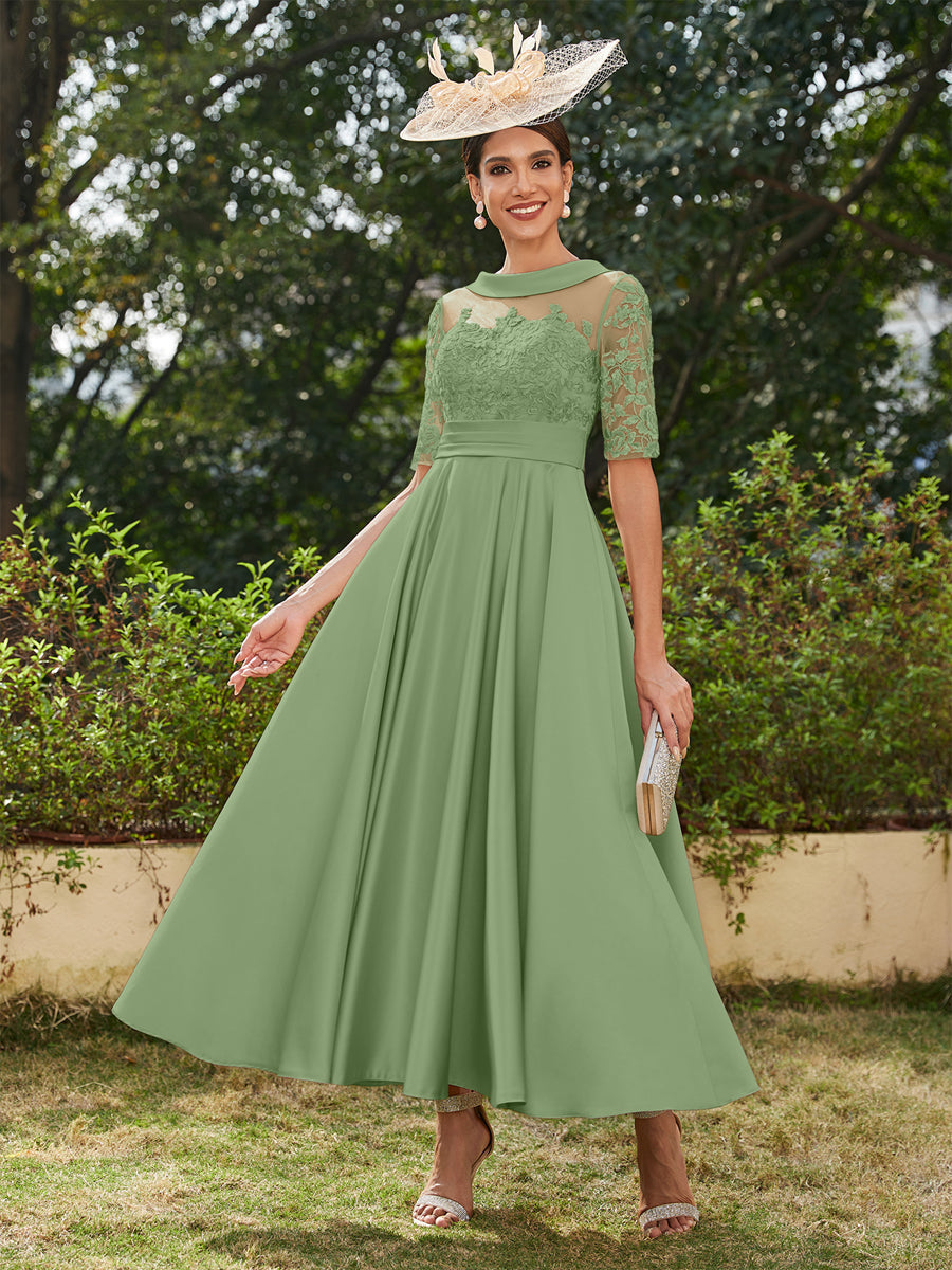 A-Line/Princess Scoop Half Sleeves Ankle-Length Long Evening Dresses with Appliques