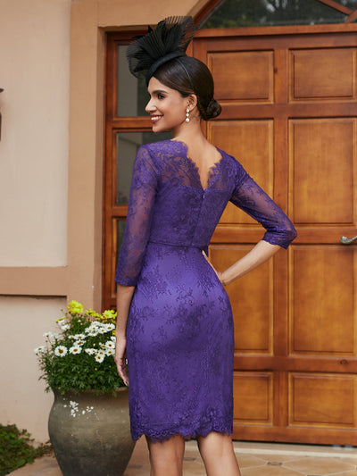 Sheath/Column V-Neck 3/4 Sleeves Lace Evening Dresses with Watteau Train & Bowknot