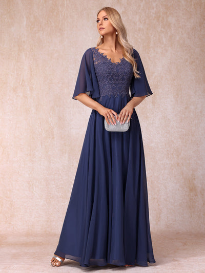 A-Line/Princess V-Neck Half Sleeves Long Formal Evening Dresses with Beading & Appliques