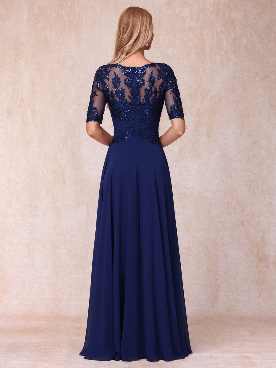 A-Line/Princess Sheer Neck Half Sleeves Long Formal Evening Dresses with Sequins