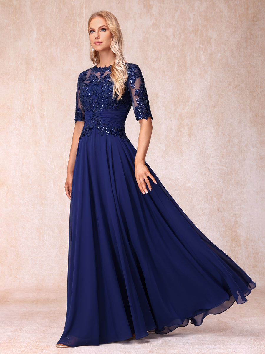 A-Line/Princess Sheer Neck Half Sleeves Long Formal Evening Dresses with Sequins