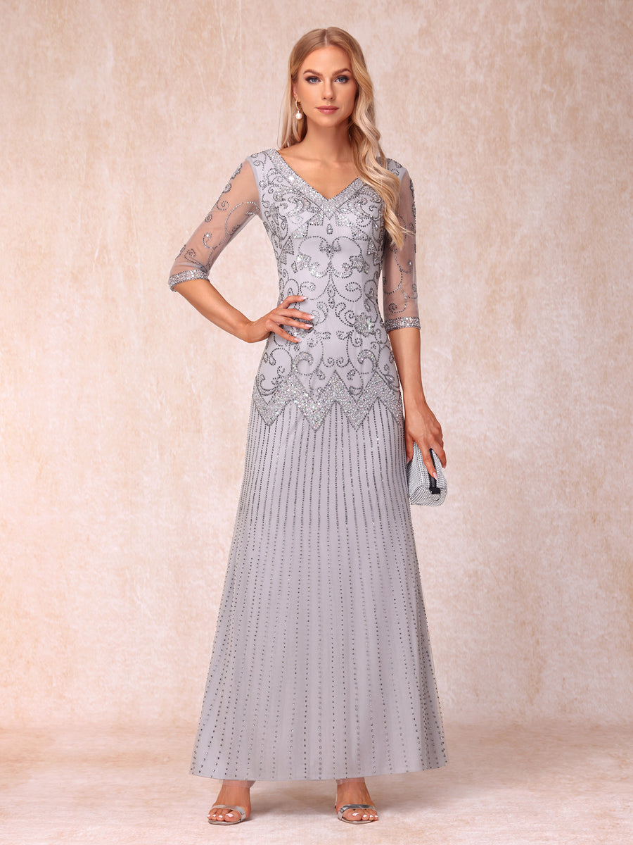 Sheath/Column V-Neck 3/4 Sleeves Long Formal Evening Dresses with Beading & Sequins