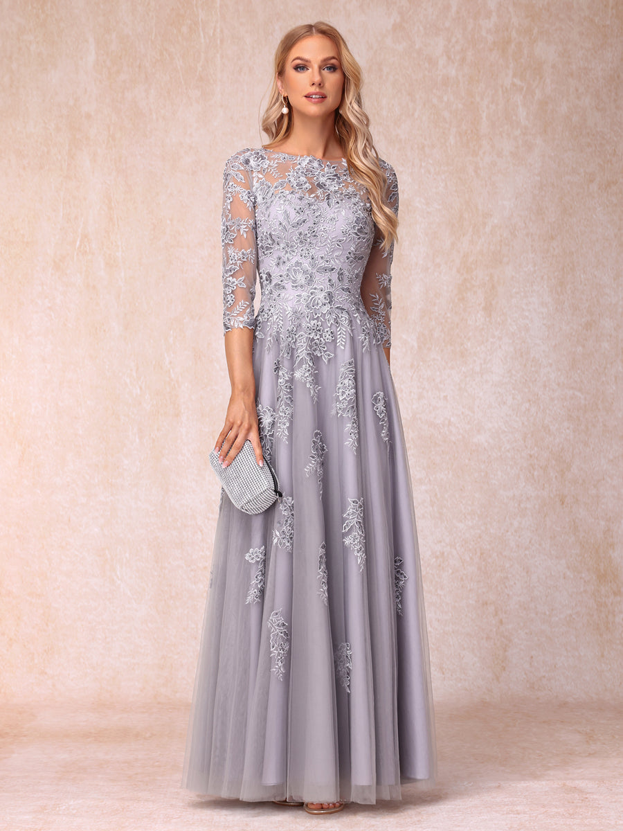A-Line/Princess Sheer Neck Half Sleeves Long Formal Evening Dresses with Beading & Appliques
