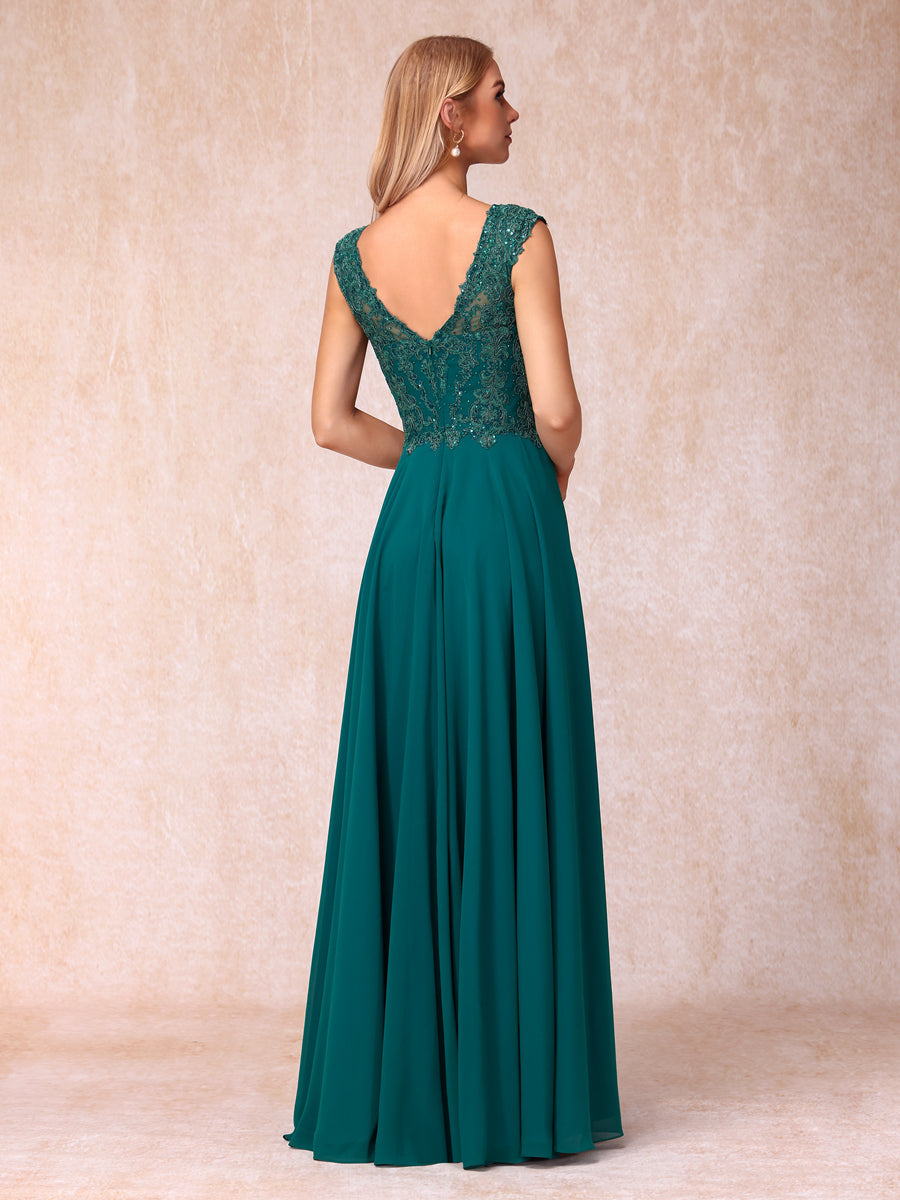 A-Line/Princess Sheer Neck Sleeveless Long Formal Evening Dresses with Beading & Appliques