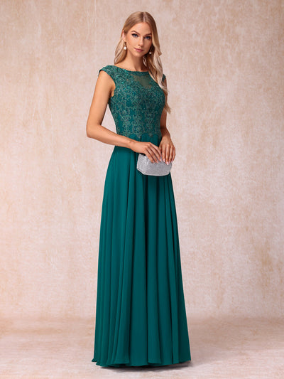 A-Line/Princess Sheer Neck Sleeveless Long Formal Evening Dresses with Beading & Appliques