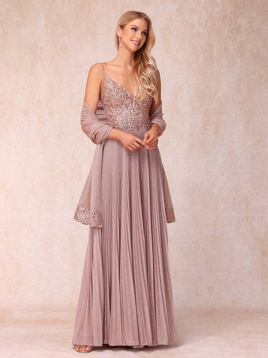 A-Line/Princess Spaghetti Straps Sleeveless Long Formal Evening Dresses with Sequins