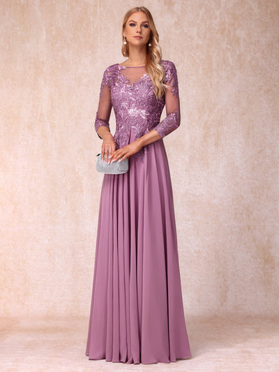 A-Line/Princess Sheer Neck 3/4 Sleeves Long Formal Evening Dresses with Sequins & Appliques