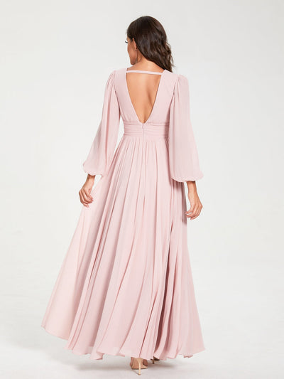 A-Line/Princess Chiffon V-Neck Long Sleeves Split Side Floor-Length With Pockets Bridesmaid Dresses