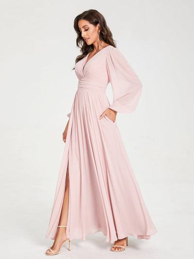 A-Line/Princess Chiffon V-Neck Long Sleeves Split Side Floor-Length With Pockets Bridesmaid Dresses