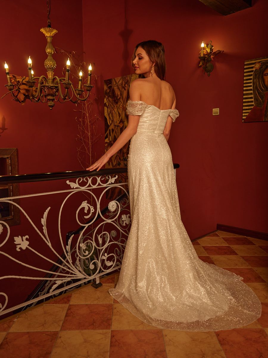 Sparkly Sheath/Column Off-the-Shoulder Split Side Long Prom Dresses