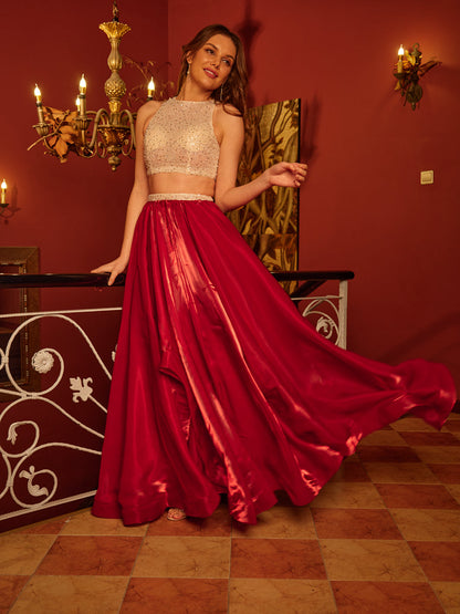 A-Line/Princess Scoop Sleeveless Sequins Two-Piece Long Prom Dresses