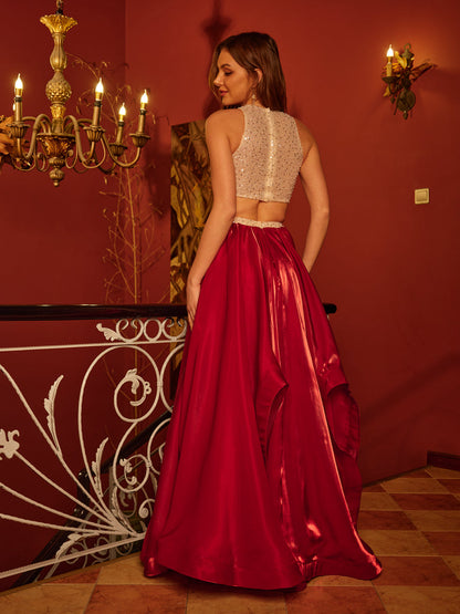 A-Line/Princess Scoop Sleeveless Sequins Two-Piece Long Prom Dresses