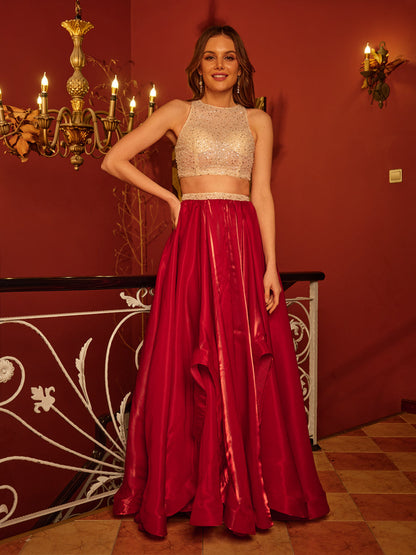A-Line/Princess Scoop Sleeveless Sequins Two-Piece Long Prom Dresses