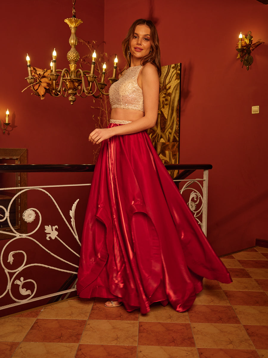 A-Line/Princess Scoop Sleeveless Sequins Two-Piece Long Prom Dresses