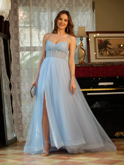 A-Line/Princess Spaghetti Straps Split Side Sleeveless Long Prom Dresses