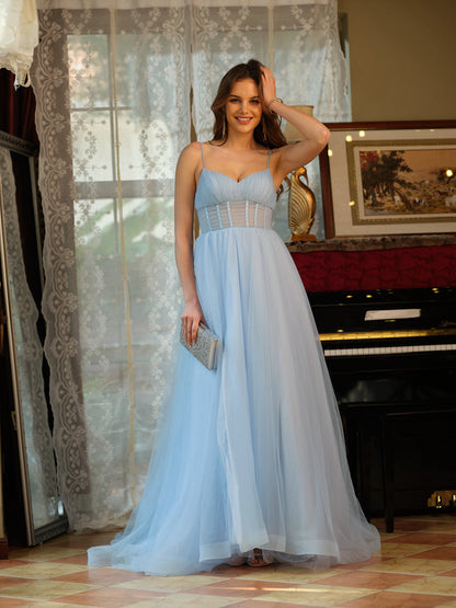 A-Line/Princess Spaghetti Straps Split Side Sleeveless Long Prom Dresses
