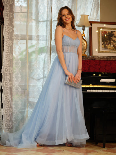 A-Line/Princess Spaghetti Straps Split Side Sleeveless Long Prom Dresses