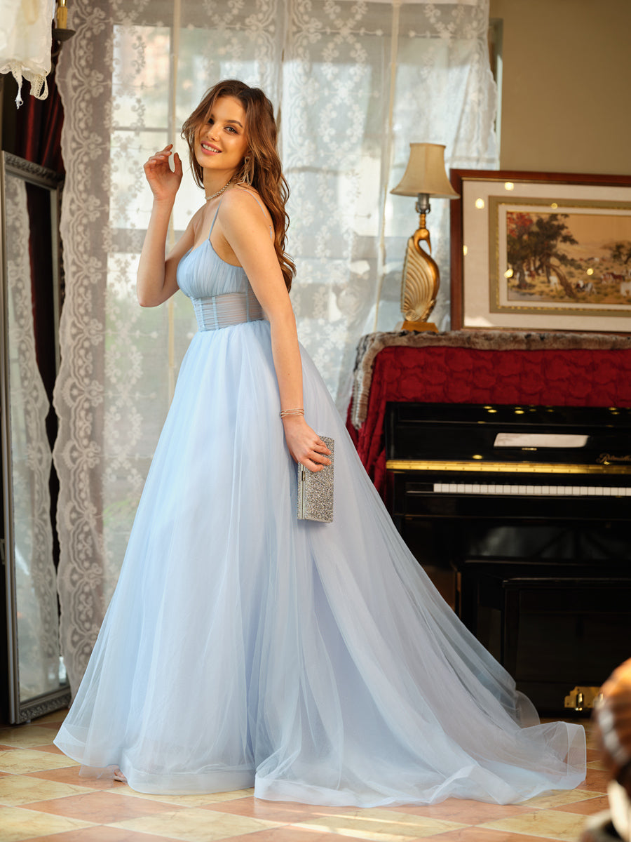 A-Line/Princess Spaghetti Straps Split Side Sleeveless Long Prom Dresses