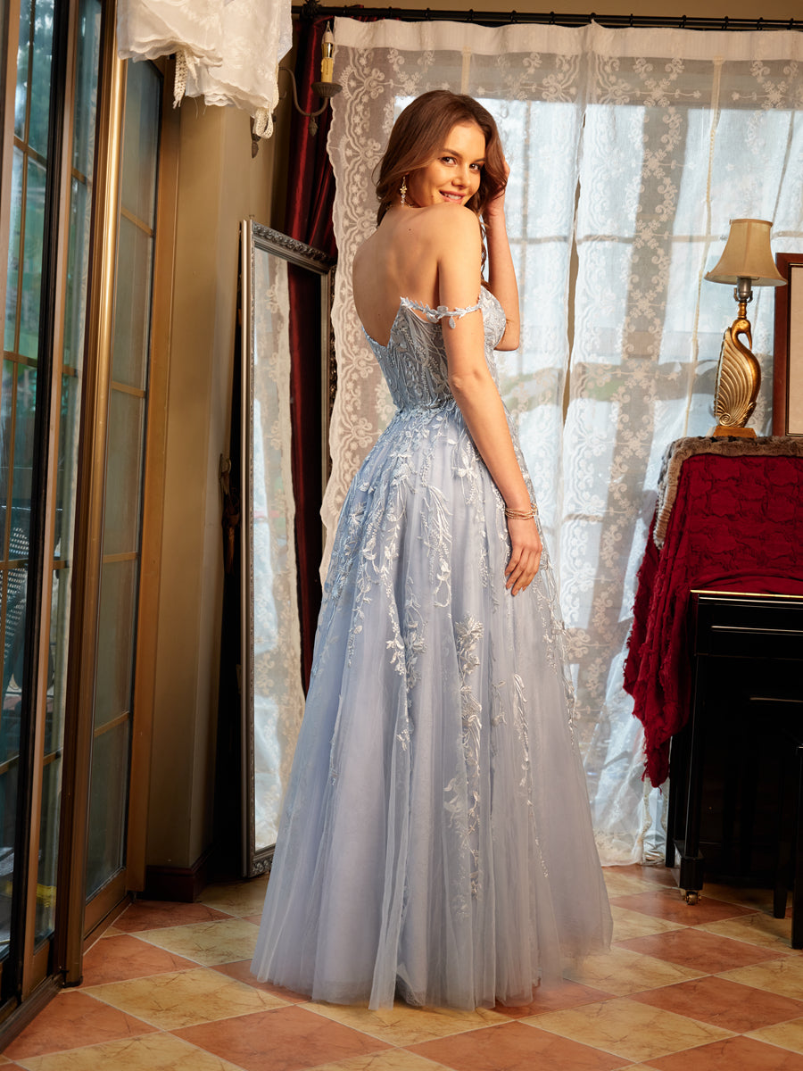 A-Line/Princess Sweetheart Applique Tulle Long Prom Dresses