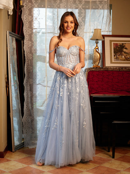 A-Line/Princess Sweetheart Applique Tulle Long Prom Dresses