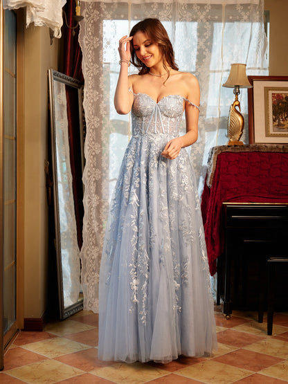 A-Line/Princess Sweetheart Applique Tulle Long Prom Dresses