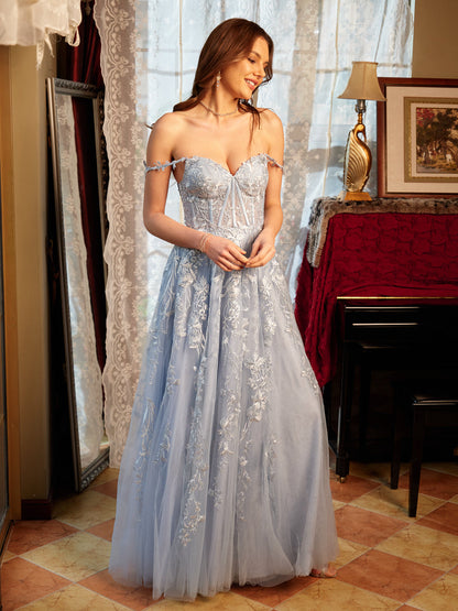 A-Line/Princess Sweetheart Applique Tulle Long Prom Dresses