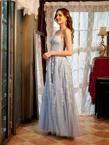 A-Line/Princess Sweetheart Applique Tulle Long Prom Dresses