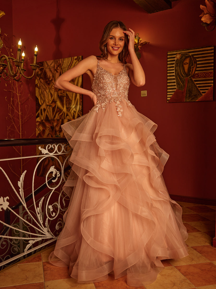 A-Line/Princess V-Neck Applique Sequins Tulle Long Prom Dresses