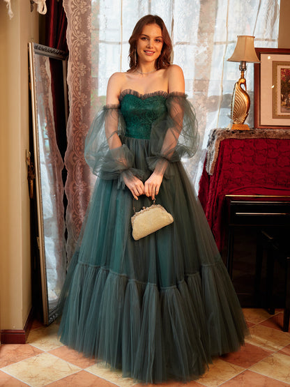 A-Line/Princess Tulle Sweetheart Long Prom Dresses