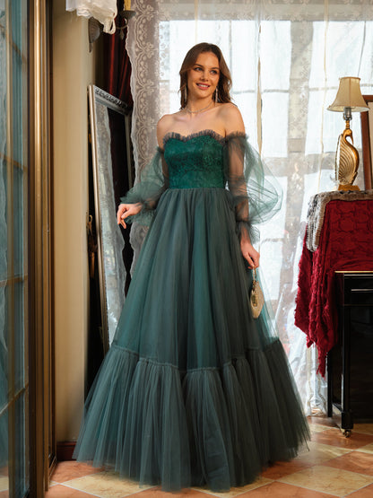 A-Line/Princess Tulle Sweetheart Long Prom Dresses