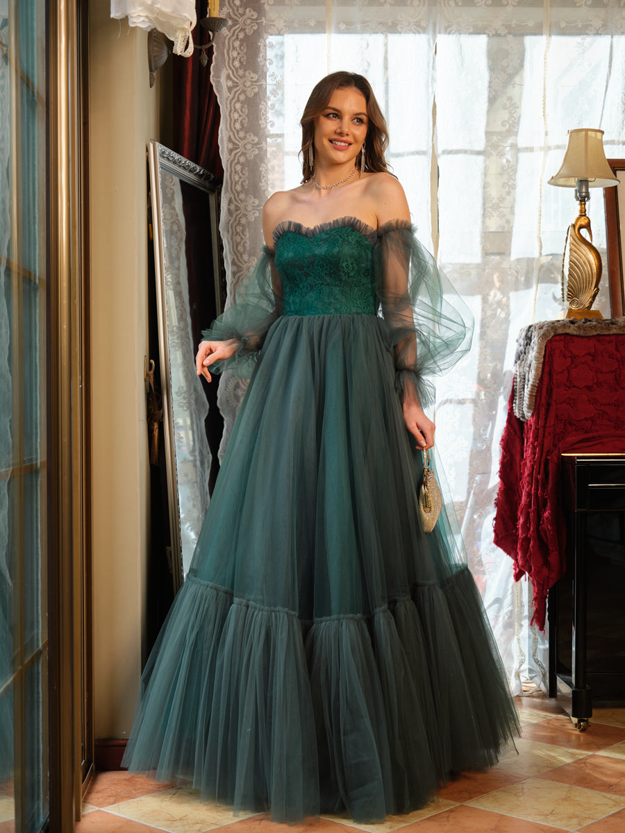 A-Line/Princess Tulle Sweetheart Long Prom Dresses