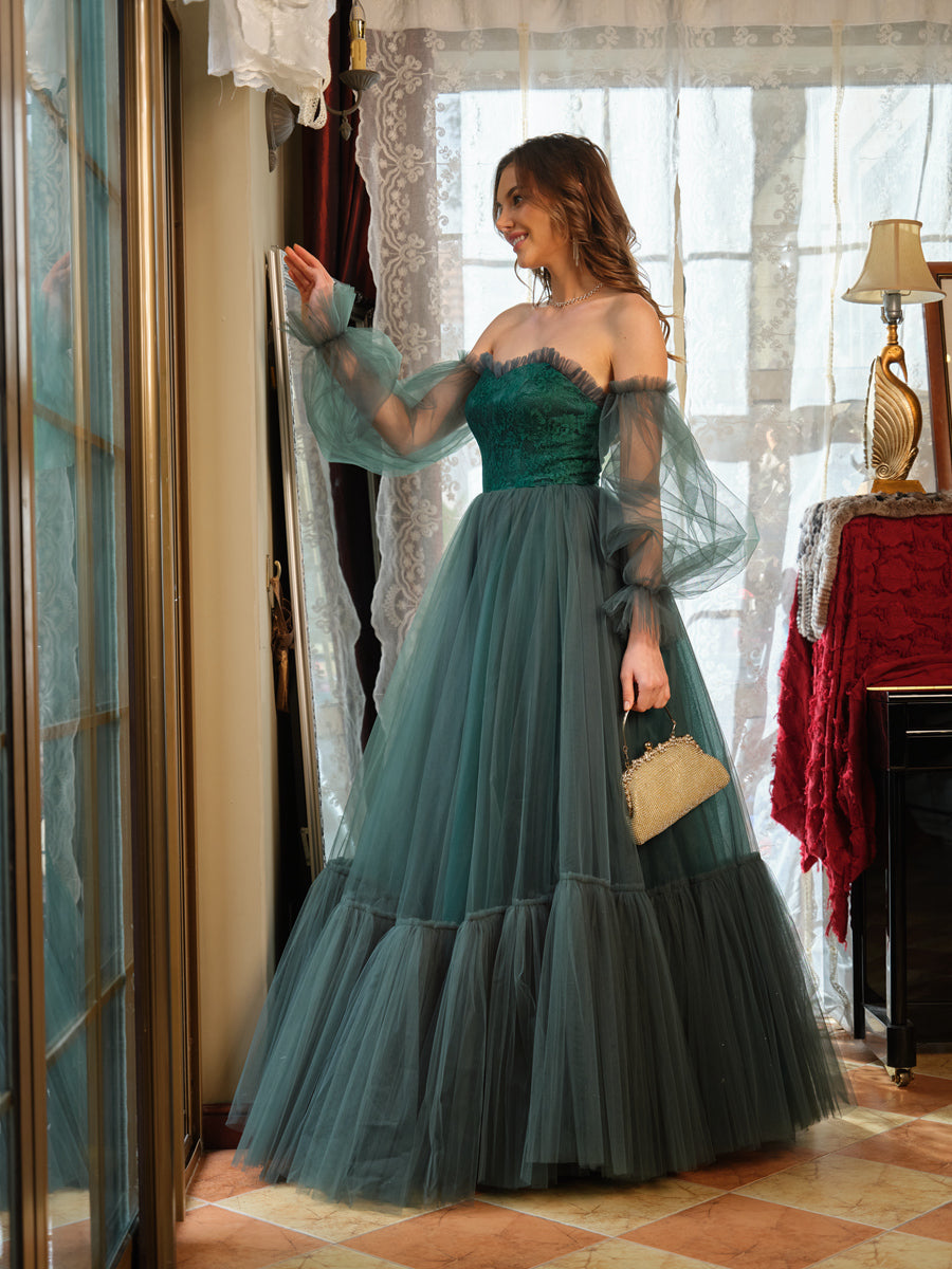 A-Line/Princess Tulle Sweetheart Long Prom Dresses
